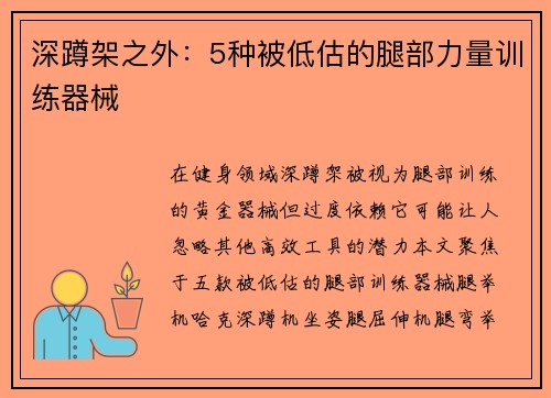 深蹲架之外：5种被低估的腿部力量训练器械